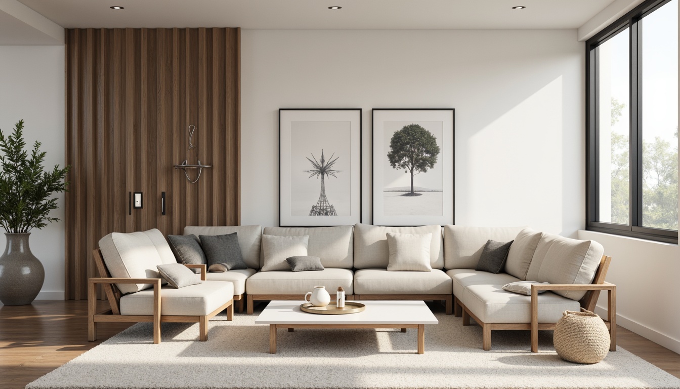 Prompt: Monochromatic modern interior, sleek lines, minimalist decor, neutral color scheme, creamy whites, soft grays, taupe accents, rich wood tones, metallic finishes, subtle texture contrasts, ambient lighting, shallow depth of field, 1/1 composition, realistic renderings, atmospheric perspective.