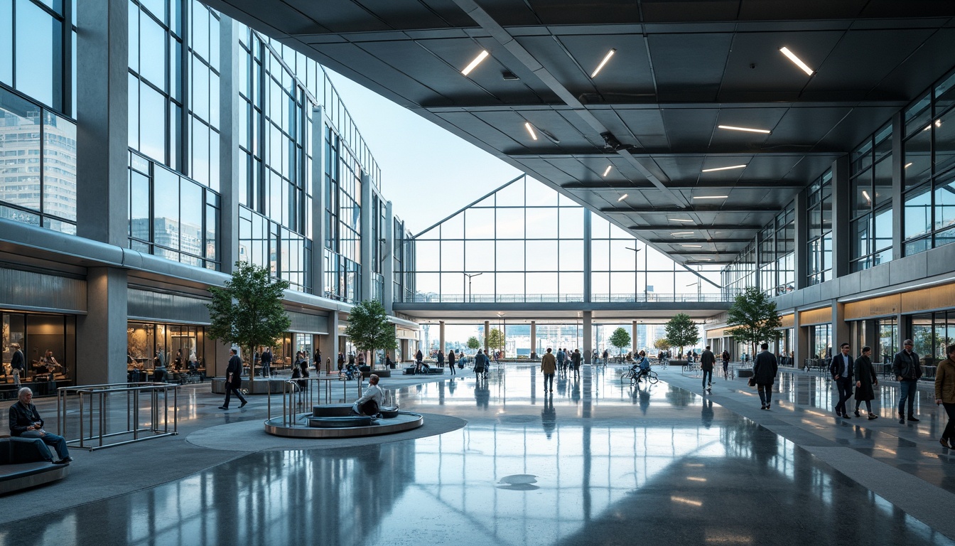 Prompt: Aerodynamic airport terminal, sleek glass fa\u00e7ade, metallic cladding, cantilevered rooflines, minimalist columns, modernist architecture, large windows, sliding doors, LED lighting systems, futuristic interior design, spacious atriums, polished marble floors, stainless steel handrails, dynamic escalators, panoramic views, shallow depth of field, 3/4 composition, realistic reflections, ambient occlusion.