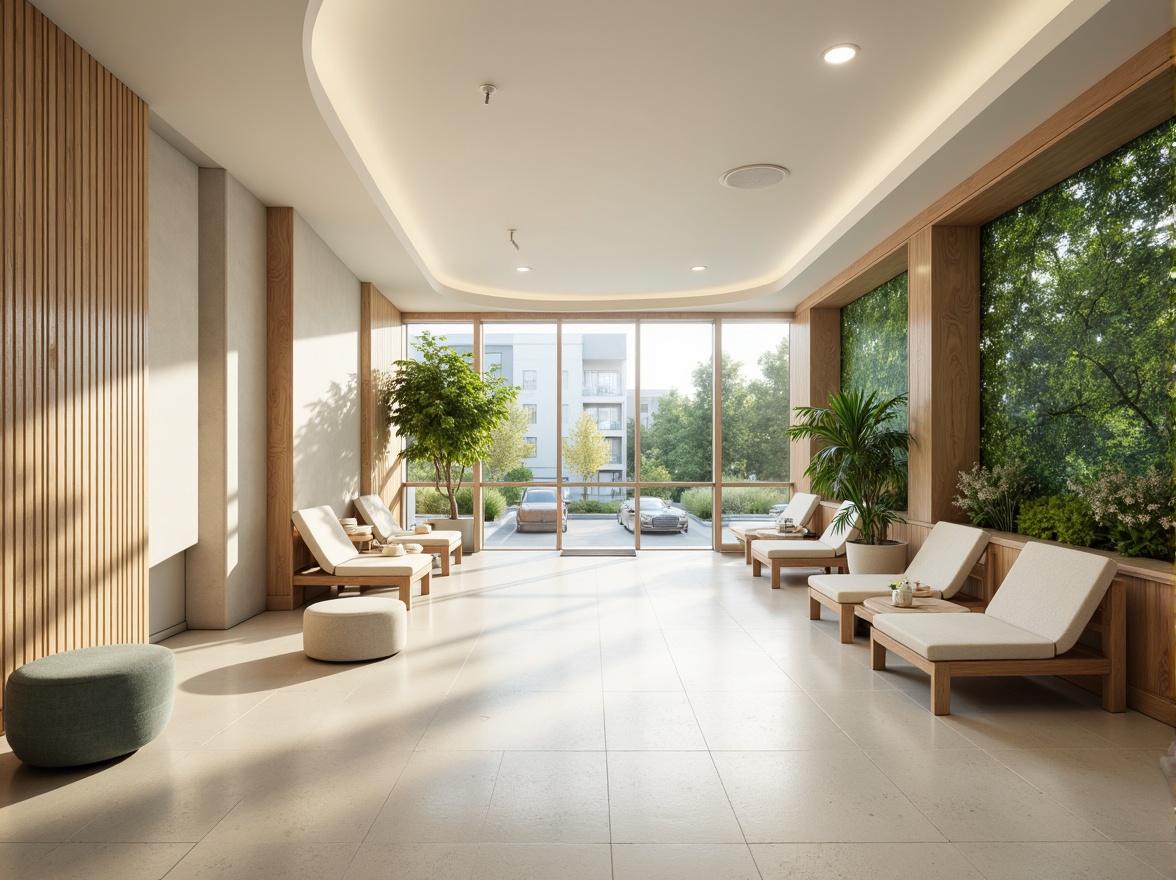 Prompt: Soothing healthcare facility, calming atmosphere, gentle curves, natural wood accents, soft pastel colors, creamy whites, pale blues, muted greens, warm beige tones, comforting textiles, plush furnishings, serene water features, lush green walls, abundant natural light, subtle gradient effects, shallow depth of field, 1/1 composition, realistic reflections, ambient occlusion.