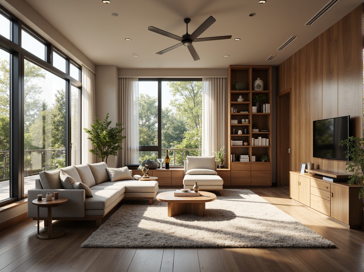 Prompt: Modern living room, sleek minimalist furniture, neutral color palette, natural textiles, wooden accents, floor-to-ceiling windows, abundant natural light, cozy reading nook, plush area rug, geometric patterned wallpaper, ambient warm lighting, 1/1 composition, shallow depth of field, realistic textures, soft focus blur.