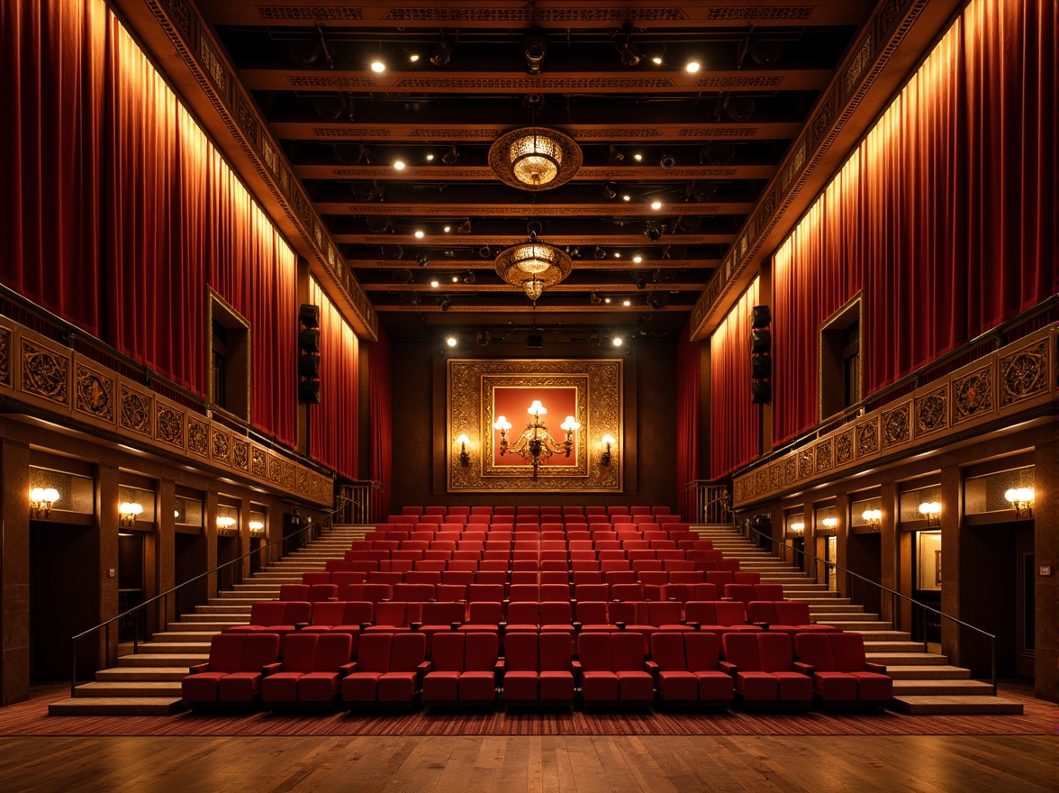 Prompt: Luxurious auditorium interior, rich velvet curtains, warm golden lighting, dark wood accents, plush red seats, ornate metal details, grand chandeliers, sophisticated sound systems, acoustic panels, dramatic spotlights, soft carpeting, elegant staircases, refined architectural lines, subtle texture contrasts, atmospheric ambiance, 1/2 composition, cinematic lighting, realistic reflections.