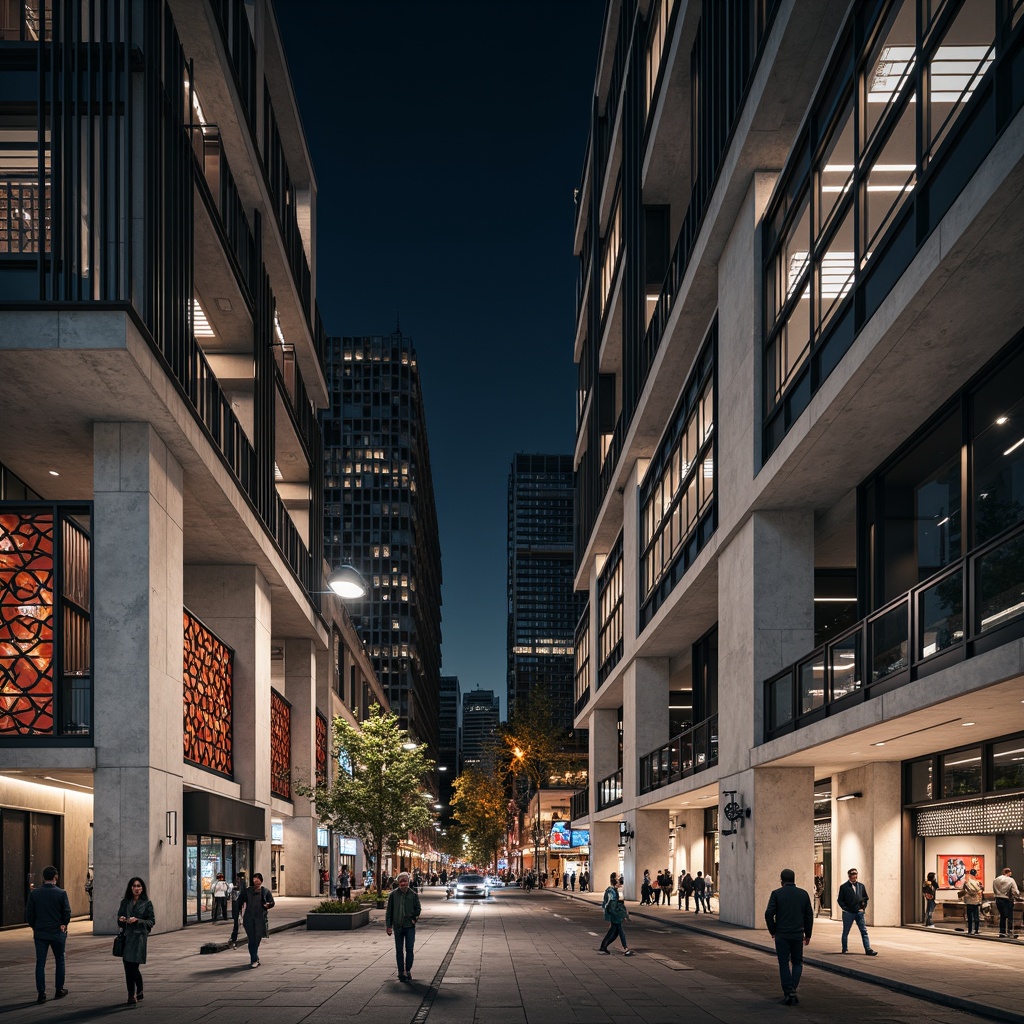 Prompt: Exposed concrete columns, sleek steel beams, minimalist cantilevered roofs, industrial chic aesthetic, polished metal accents, geometric patterned facades, modern urban landscape, bustling city streets, vibrant street art, eclectic mix of old and new buildings, dramatic nighttime lighting, shallow depth of field, 1/1 composition, realistic textures, ambient occlusion.