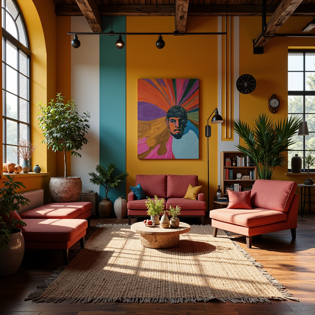 Prompt: Vibrant artistic studio, eclectic furniture, bold color blocking, contrasting textures, abstract artwork, statement lighting fixtures, industrial metal accents, reclaimed wood floors, bohemian-inspired rugs, natural fiber textiles, earthy tone ceramics, warm golden lighting, shallow depth of field, 1/1 composition, realistic renderings, ambient occlusion.