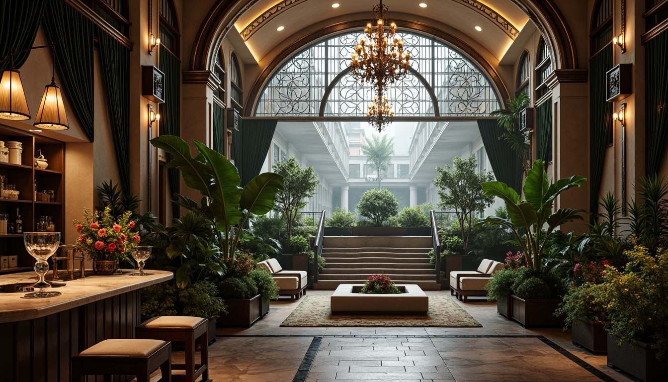 Prompt: Intricate ironwork, lush greenery, ornate chandeliers, grandiose archways, lavish furnishings, velvet drapes, gilded accents, marble countertops, crystal glassware, exotic flowers, tropical plants, misty atmosphere, soft warm lighting, shallow depth of field, 1/1 composition, realistic textures, ambient occlusion, luxurious ambiance, opulent decor, Baroque-inspired patterns, intricate carvings, ornate mirrors, grand staircase.