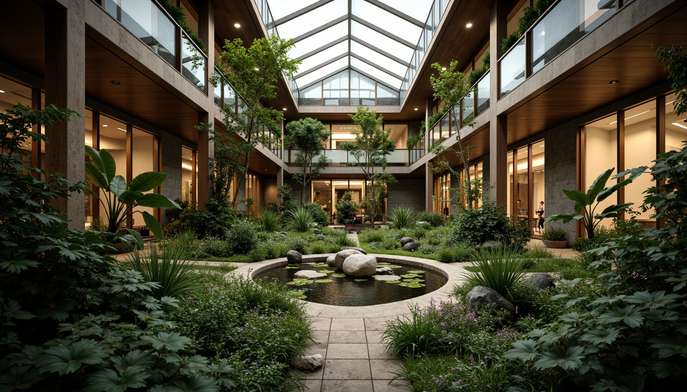 Prompt: Vibrant atrium, lush greenery, natural stone walls, wooden accents, clerestory windows, skylights, solar tubes, reflective surfaces, ambient lighting, soft warm glow, indirect illumination, layered shading, 3/4 composition, panoramic view, realistic textures, subtle color palette, earthy tones, organic forms, minimalist decor, cozy atmosphere, serene ambiance.