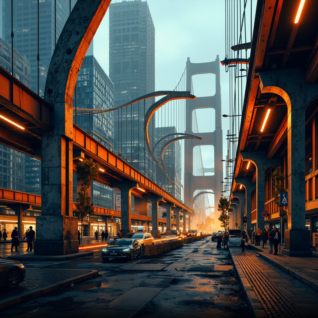 Prompt: Vibrant orange suspension cables, deep blue steel beams, warm golden lighting, misty atmospheric effects, rugged stone piers, dynamic angular shapes, bold geometric patterns, expressive brushstroke textures, moody twilight ambiance, dramatic shadows, high contrast color palette, abstract expressionist style, futuristic urban landscape, bustling cityscape, fast-paced traffic flow, blurred motion effects, cinematic composition, 2.5D perspective, atmospheric depth cues, stylized architectural details.