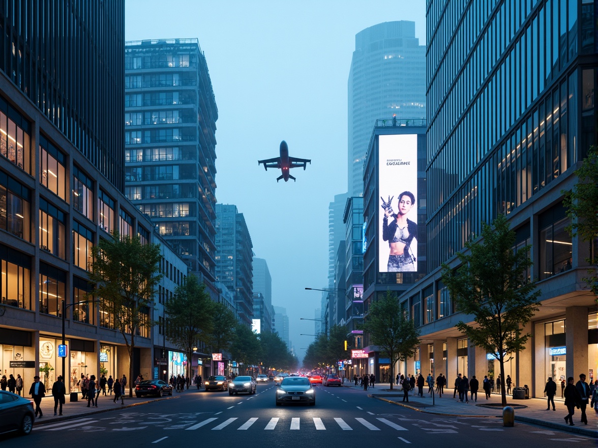 Prompt: Futuristic cityscape, sleek skyscrapers, iridescent glass facades, metallic frames, neon lights, holographic advertisements, bustling streets, flying cars, robotic pedestrians, cyberpunk atmosphere, misty evening, soft blue lighting, shallow depth of field, 1/1 composition, panoramic view, realistic reflections, ambient occlusion.