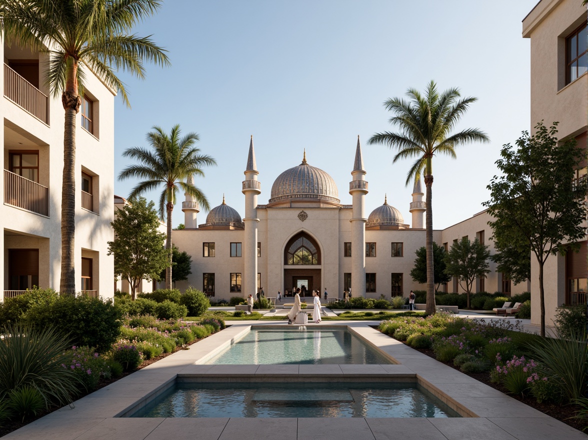 Prompt: Elegant mosque, intricately patterned domes, minarets, Islamic calligraphy, natural stone fa\u00e7ades, lush green courtyards, water features, serene ambiance, soft warm lighting, shallow depth of field, 3/4 composition, panoramic view, realistic textures, ambient occlusion, eco-friendly materials, renewable energy systems, solar panels, wind turbines, rainwater harvesting, green roofs, innovative cooling technologies, shaded outdoor spaces, misting systems, Arabic-inspired geometric motifs, vibrant colorful textiles.