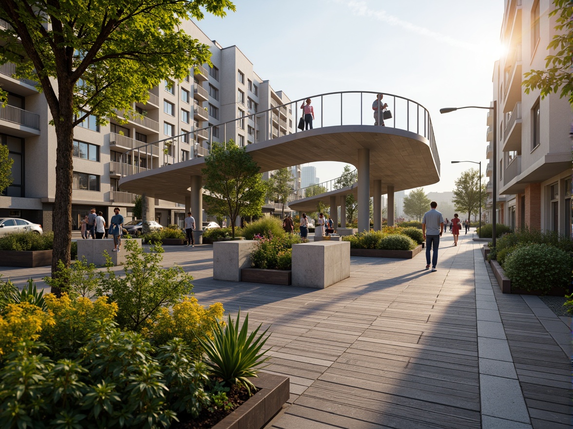 Prompt: Curved pedestrian bridge, sleek metal railings, wooden decking, lush greenery, vibrant flowers, natural stone pillars, modern architecture, urban landscape, bustling city streets, busy intersections, morning commute, soft warm lighting, shallow depth of field, 3/4 composition, panoramic view, realistic textures, ambient occlusion.