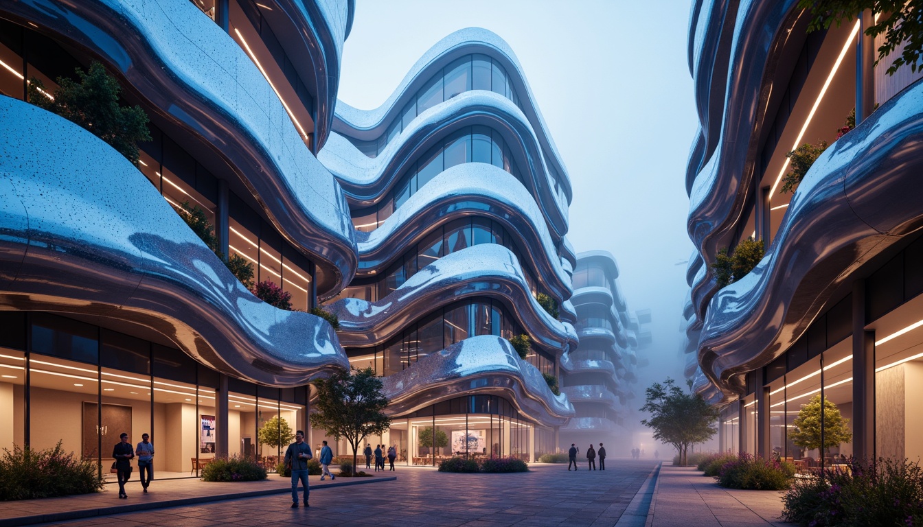 Prompt: Organic blob-shaped buildings, futuristic facade design, iridescent colors, glossy finishes, undulating curves, parametric architecture, algorithmic patterns, LED lighting installations, neon accents, translucent materials, 3D-printed components, cantilevered structures, asymmetrical compositions, abstract shapes, sci-fi ambiance, misty atmosphere, soft focus, shallow depth of field, 1/1 composition, cinematic view.