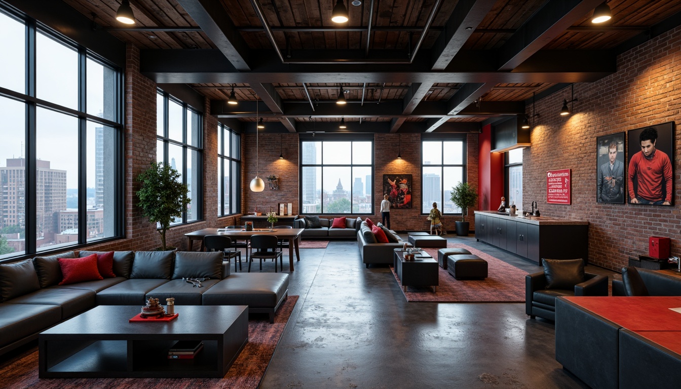 Prompt: Industrial chic loft, exposed brick walls, metal beams, polished concrete floors, sleek modern furniture, minimalist decor, high-tech gadgets, futuristic ambiance, neon accent lights, dark grey tones, rich wood accents, matte black surfaces, silver metallic finishes, bold red highlights, urban cityscape views, cloudy day, soft diffused lighting, shallow depth of field, 1/1 composition, realistic textures, ambient occlusion.