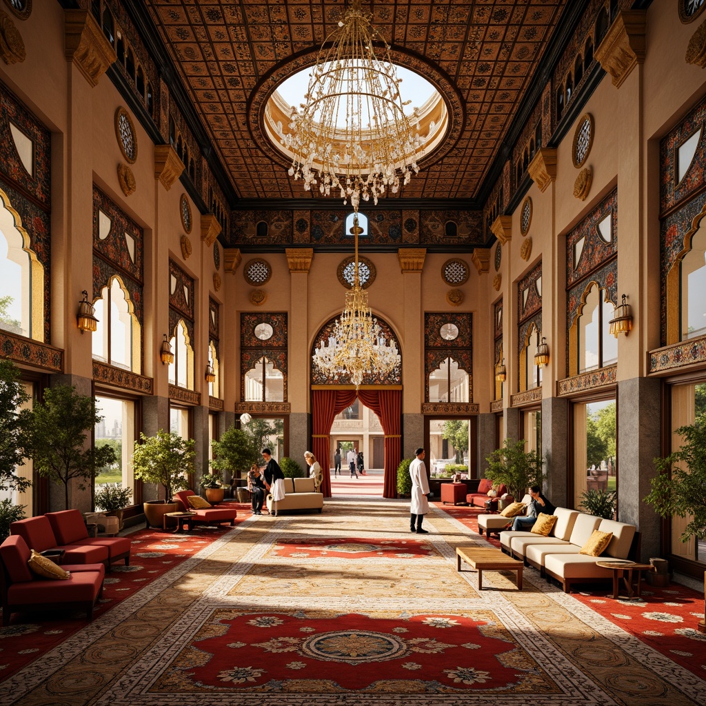 Prompt: Vibrant Islamic-inspired architecture, intricate geometric motifs, ornate tile work, symmetrical archways, grand domes, minarets, colorful mosaics, luxurious textiles, opulent furnishings, lavish decorations, majestic columns, grandiose chandeliers, warm golden lighting, shallow depth of field, 3/4 composition, panoramic view, realistic textures, ambient occlusion.