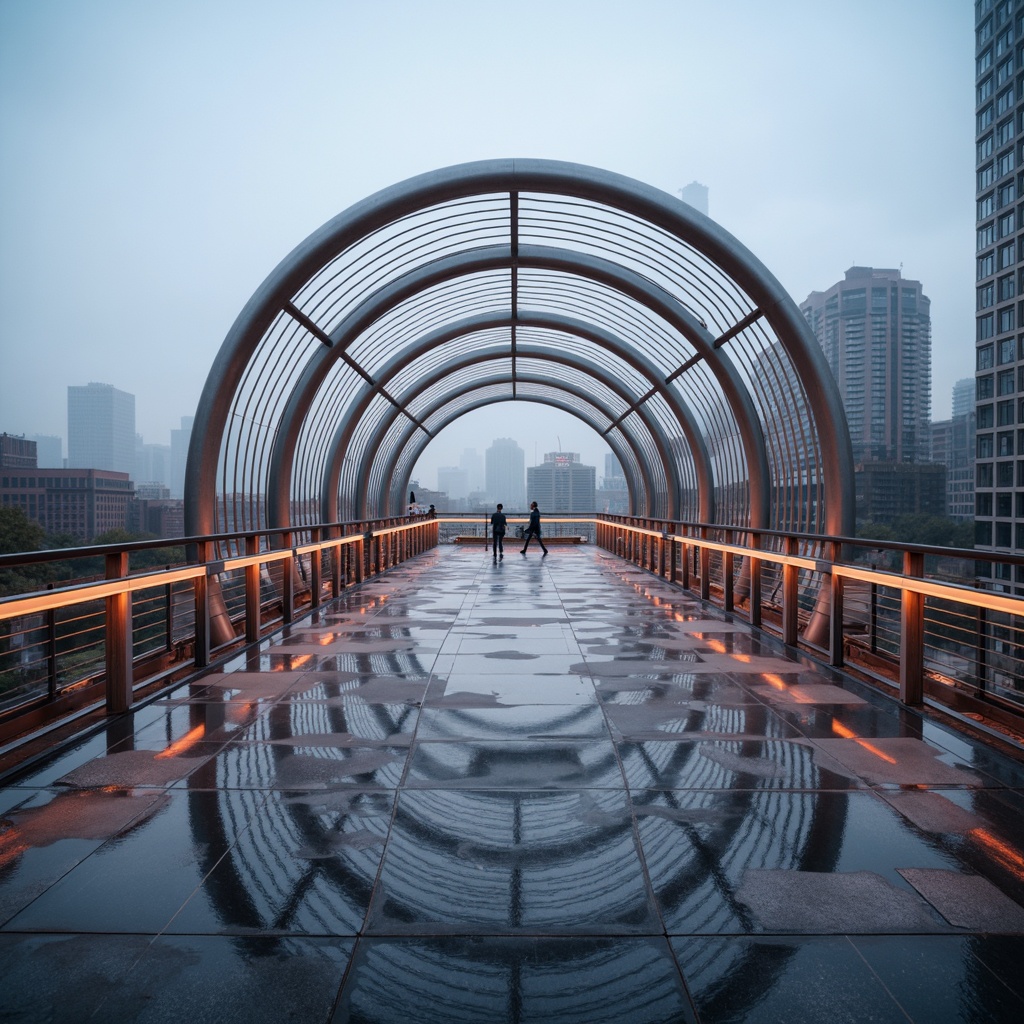 Prompt: Futuristic pedestrian bridge, sleek metal arches, LED lighting strips, glass floors, stainless steel railings, minimalist design, modern urban landscape, city skyline views, misty morning atmosphere, soft warm lighting, shallow depth of field, 3/4 composition, panoramic view, realistic reflections, ambient occlusion, dynamic motion blur, vibrant neon colors, geometric patterns, high-tech materials, innovative engineering solutions.