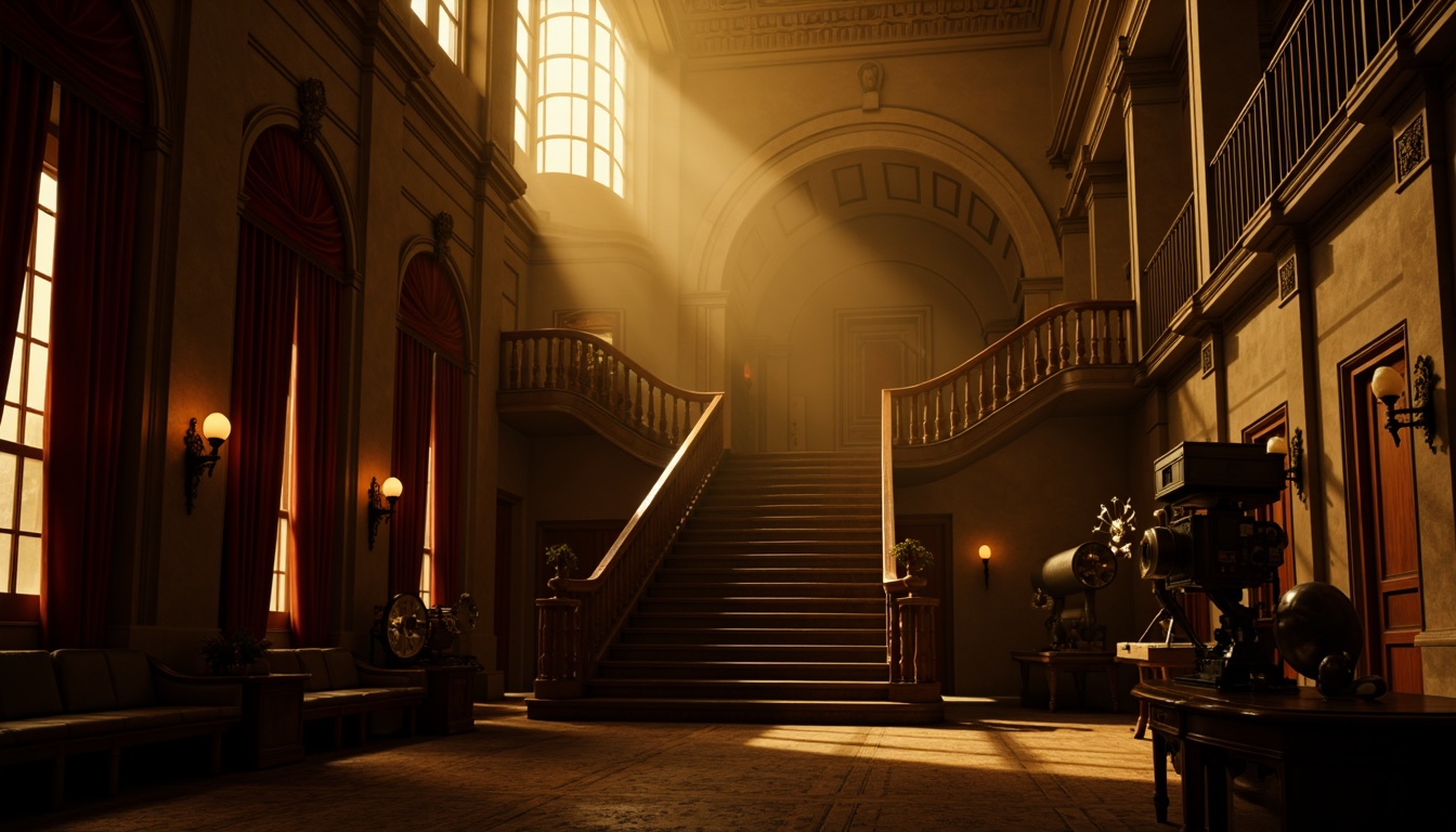 Prompt: Moody cinematic atmosphere, warm golden lighting, dramatic shadows, ornate architectural details, grand staircases, sweeping arches, intricate moldings, luxurious velvet drapes, rich wood paneling, vintage film cameras, classic movie projectors, nostalgic cinema seats, soft focus lens, shallow depth of field, low-key lighting, high-contrast ratios, cinematic color grading, warm color temperatures, atmospheric fog effects, 2.35