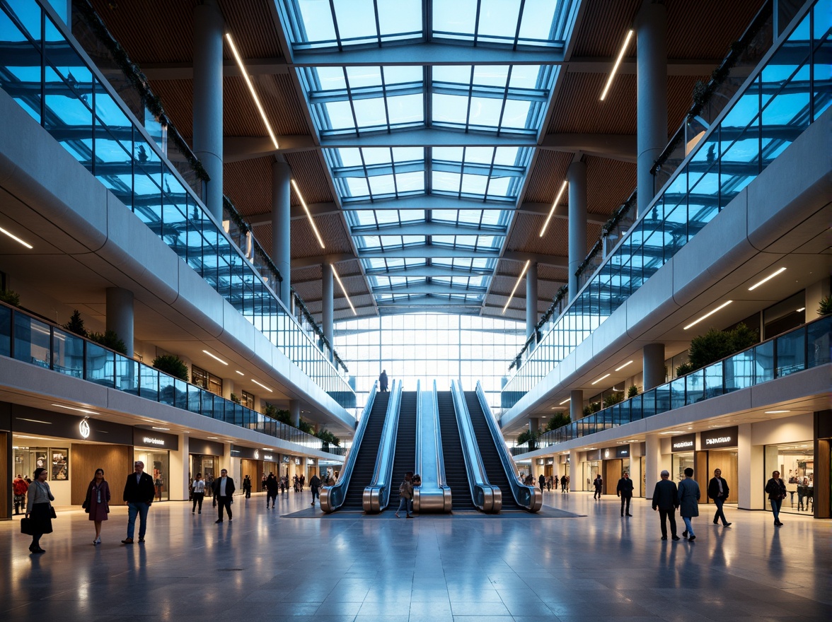 Prompt: Aerodynamic airport terminal, sleek glass fa\u00e7ade, metallic cladding, cantilevered rooflines, minimalist columns, modernist architecture, large windows, sliding doors, LED lighting systems, futuristic interior design, spacious atriums, polished marble floors, stainless steel handrails, dynamic escalators, panoramic views, shallow depth of field, 3/4 composition, realistic reflections, ambient occlusion.