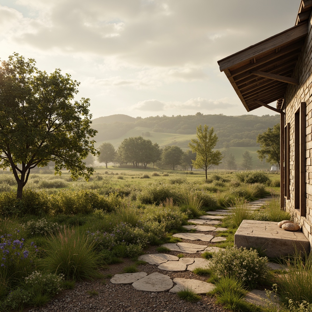 Prompt: Rustic rural landscape, earthy tones, warm beige, soft sage, mossy green, weathered wood textures, vintage metal accents, distressed stone walls, wildflower fields, rolling hills, serene countryside, misty morning light, soft focus, shallow depth of field, 1/2 composition, naturalistic colors, organic shapes, whimsical patterns.