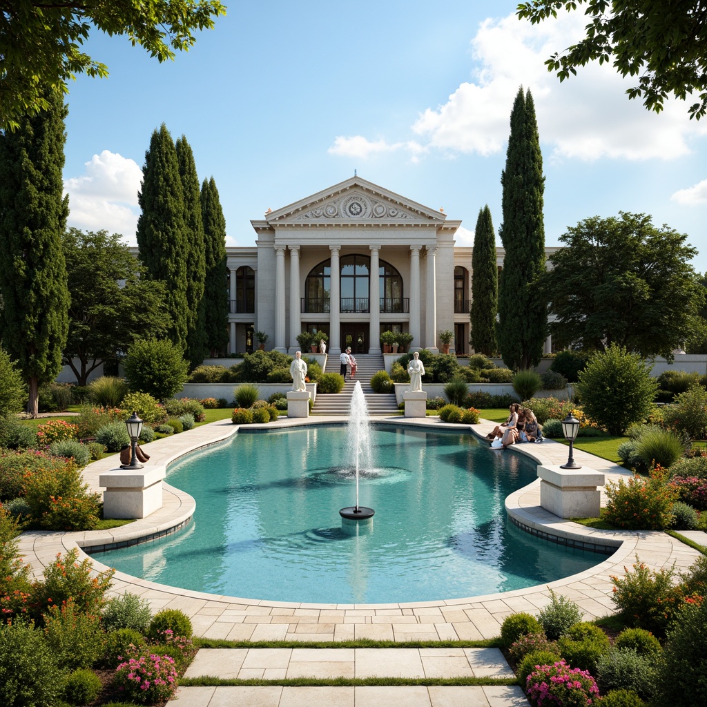 Prompt: Grand neoclassical pool, ornate stone carvings, symmetrical fountain features, lush greenery, vibrant flowers, manicured lawns, decorative statues, elegant lanterns, natural stone pathways, serene water reflections, warm sunny day, soft diffused lighting, shallow depth of field, 3/4 composition, panoramic view, realistic textures, ambient occlusion.