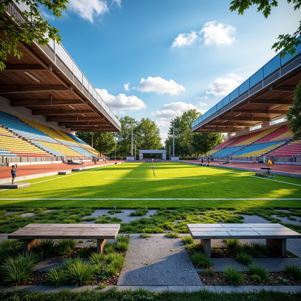 Prompt: Vibrant sports fields, eclectic mix of materials, contrasting textures, artificial turf, natural grass, weathered wood benches, metallic goalposts, colorful rubber tracks, bold graphic patterns, dynamic lighting, dramatic shadows, 1/1 composition, low-angle shot, realistic reflections, ambient occlusion, sunny day, soft warm atmosphere.