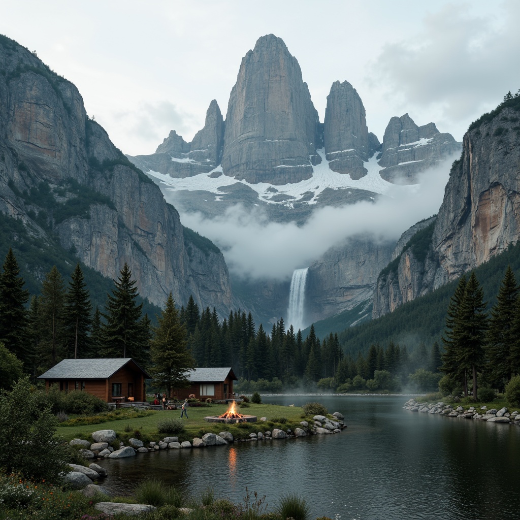 Prompt: Majestic mountain peaks, rugged rocky formations, misty foggy atmosphere, earthy brown terrain, lush green forests, sparkling waterfalls, serene lakeside, rustic wooden cabins, vintage outdoor gear, warm campfire lighting, soft misty morning, cinematic 2.35