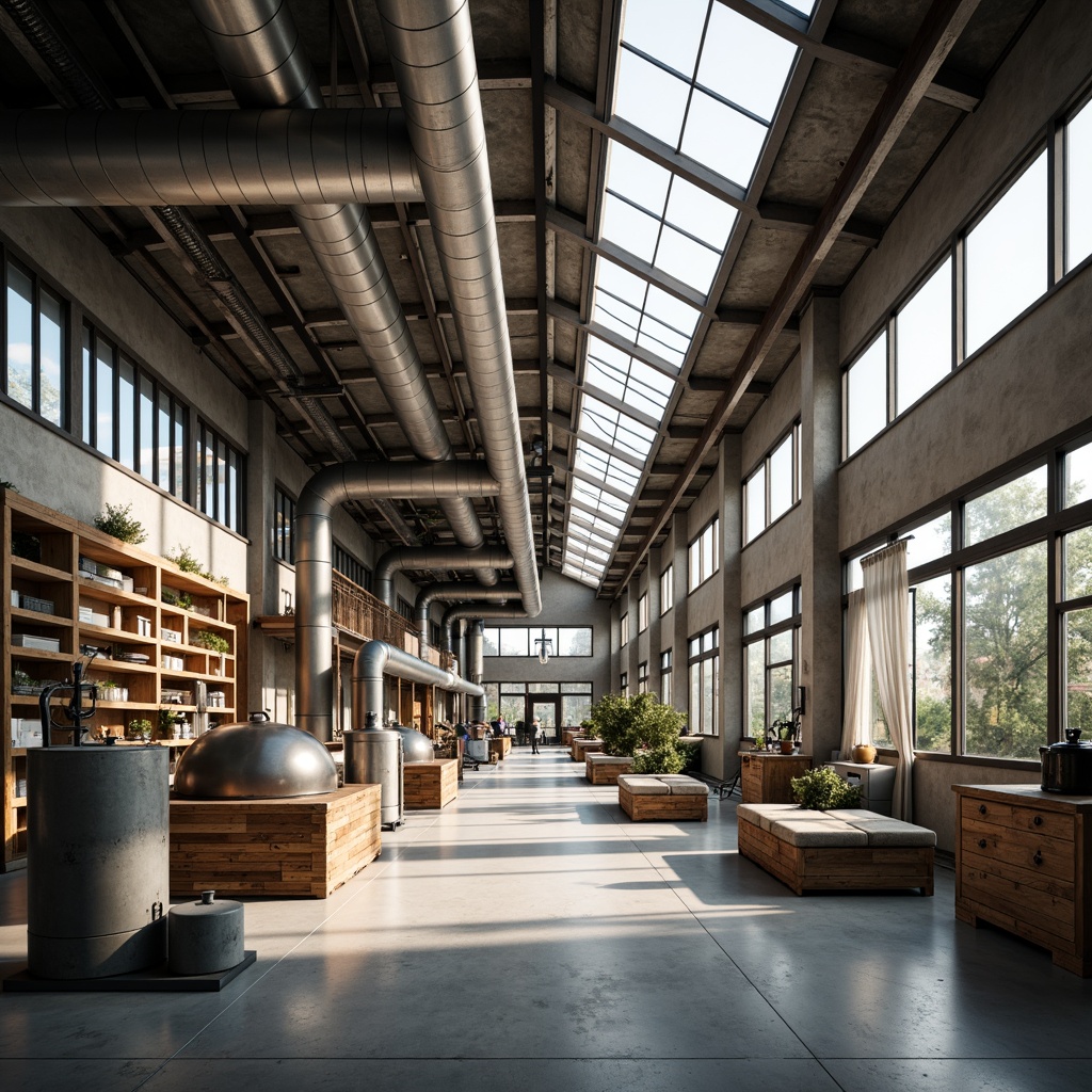 Prompt: Industrial factory setting, minimalist aesthetic, exposed ductwork, polished concrete floors, steel beams, large windows, clerestory windows, skylights, transparent roofs, natural light pouring in, soft warm glow, subtle shadows, industrial chic decor, reclaimed wood accents, metal machinery, functional simplicity, open floor plan, airy atmosphere, diffused lighting, 1/1 composition, realistic textures, ambient occlusion.