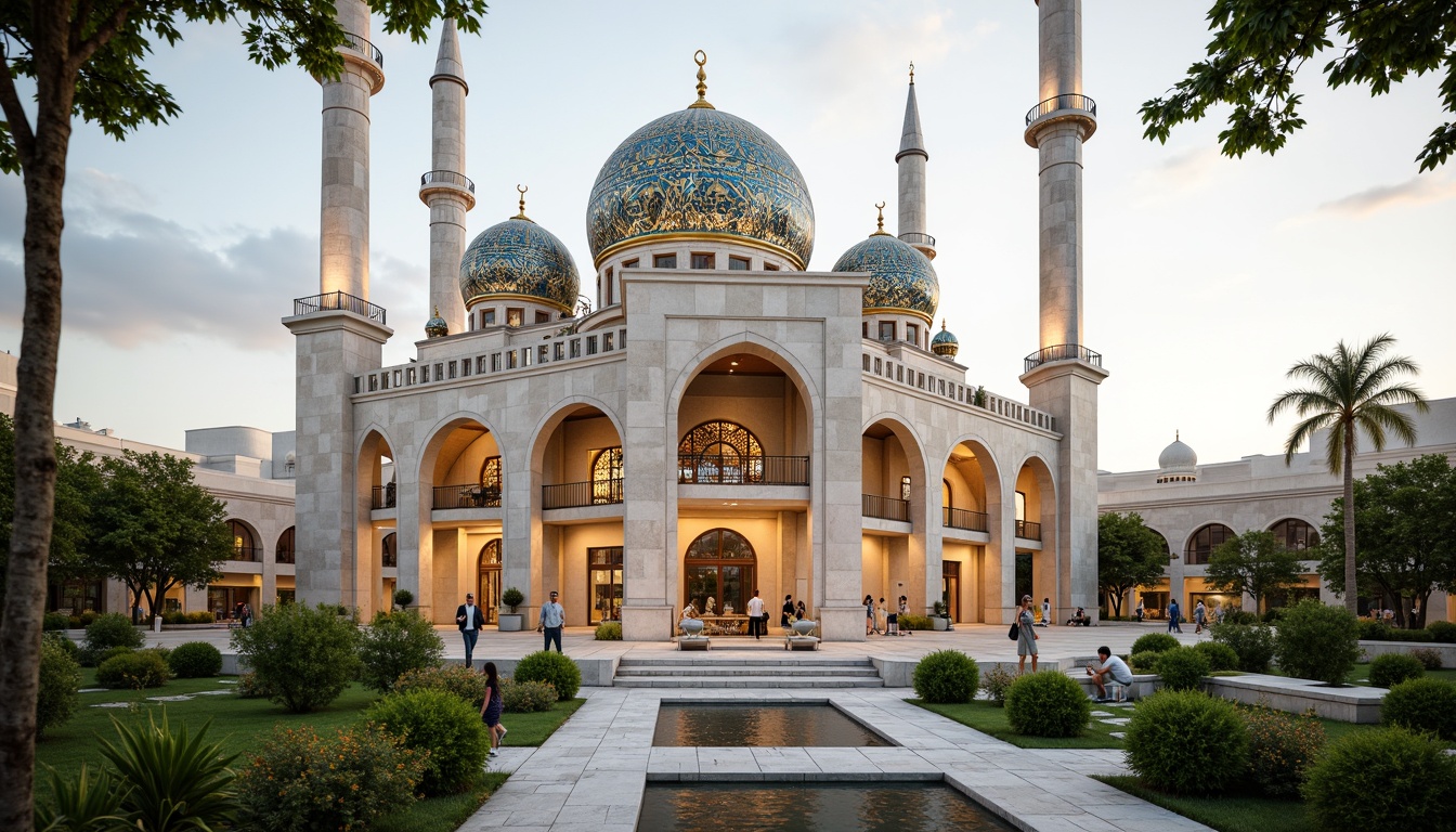 Prompt: Elegant mosque, intricately patterned domes, minarets, Islamic calligraphy, natural stone fa\u00e7ades, lush green courtyards, water features, serene ambiance, soft warm lighting, shallow depth of field, 3/4 composition, panoramic view, realistic textures, ambient occlusion, eco-friendly materials, renewable energy systems, solar panels, wind turbines, rainwater harvesting, green roofs, innovative cooling technologies, shaded outdoor spaces, misting systems, Arabic-inspired geometric motifs, vibrant colorful textiles.