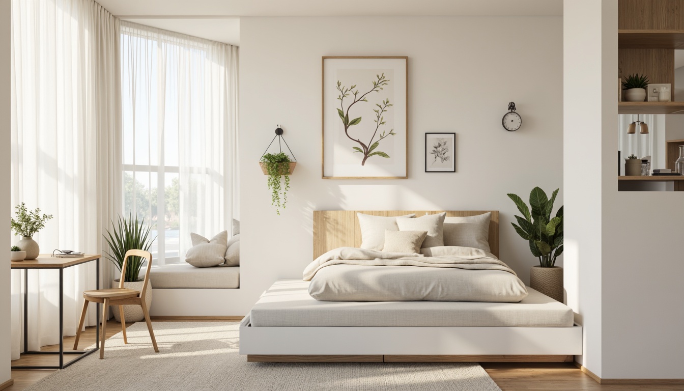 Prompt: Monochromatic dorm room, minimalist decor, soft creamy whites, warm beige tones, pale gray accents, natural wood furniture, sleek metal frames, simple geometric patterns, subtle texture contrasts, cozy reading nook, floor-to-ceiling curtains, abundant natural light, softbox lighting, shallow depth of field, 1/1 composition, realistic renderings, ambient occlusion.