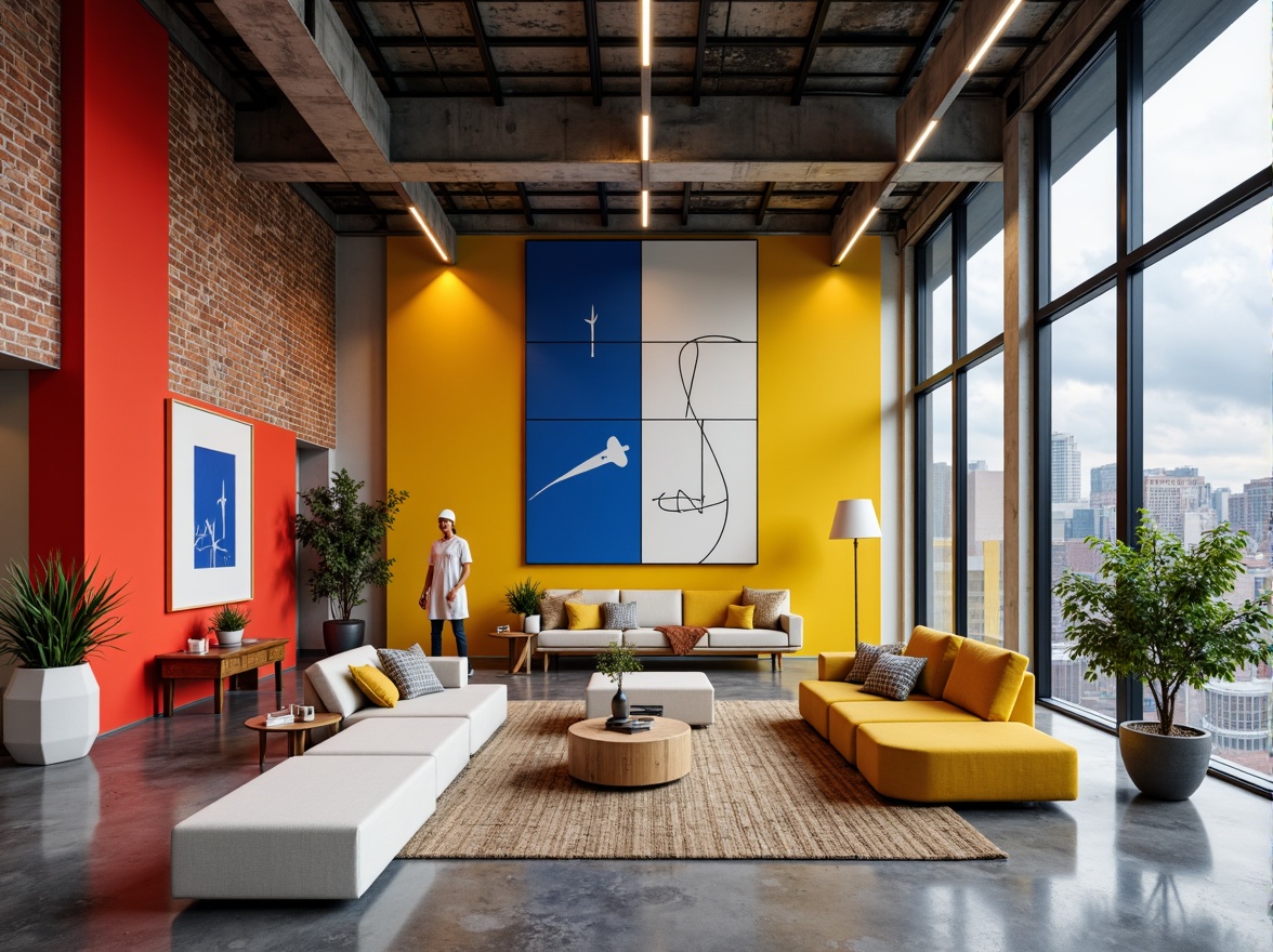 Prompt: Vibrant primary colors, bold geometric shapes, industrial materials, exposed brick walls, steel beams, minimalist decor, functional simplicity, rectangular forms, clean lines, monochromatic color schemes, abstract art pieces, avant-garde sculptures, natural light pouring in, large windows, open floor plans, urban cityscape views, cloudy skies, soft diffused lighting, shallow depth of field, 2/3 composition, realistic textures, ambient occlusion.