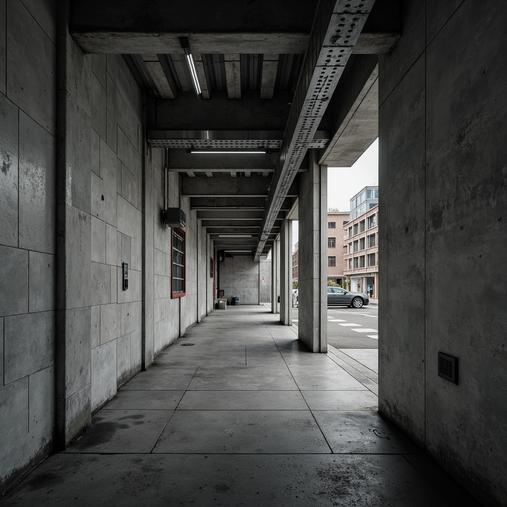 Prompt: Industrial concrete walls, exposed ductwork, metallic beams, urban cityscape, modern brutalist architecture, raw unfinished surfaces, monochromatic color palette, dramatic shadows, high-contrast lighting, abstract geometric patterns, rough tactile textures, poured concrete floors, minimalist decor, functional simplicity, utilitarian aesthetic, cold atmospheric ambiance, cinematic composition, low-angle shot, gritty realistic rendering.