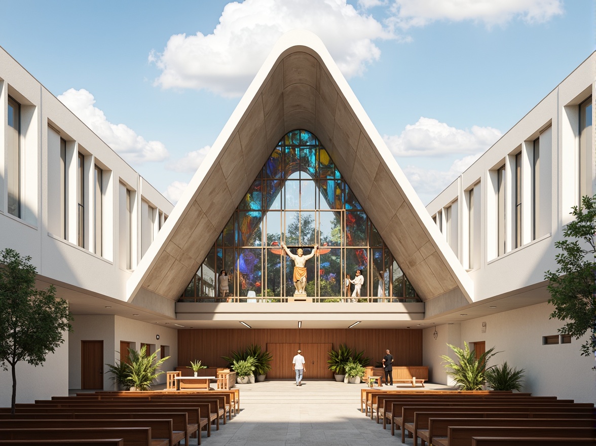 Prompt: Sleek church architecture, international style, modern roof design, innovative structure, angular lines, minimalist aesthetic, white concrete walls, large glass windows, natural light pouring in, open interior spaces, wooden pews, vibrant stained-glass art, intricate stone carvings, grand entrance doors, symmetrical fa\u00e7ade, dramatic verticality, 1/1 composition, high-angle shot, warm soft lighting, realistic textures, ambient occlusion.