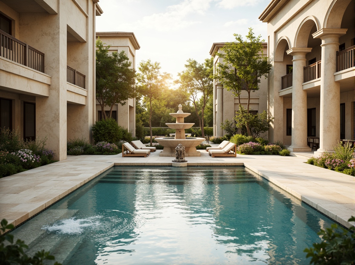 Prompt: Elegant poolside, soft cream marble, warm beige stone, ornate fountain, classical columns, symmetrical architecture, lush greenery, vibrant flowers, subtle water features, gentle ripples, serene atmosphere, natural light, warm golden lighting, shallow depth of field, 1/1 composition, realistic textures, ambient occlusion, calming color palette, soft blues, creamy whites, muted golds, earthy tones.