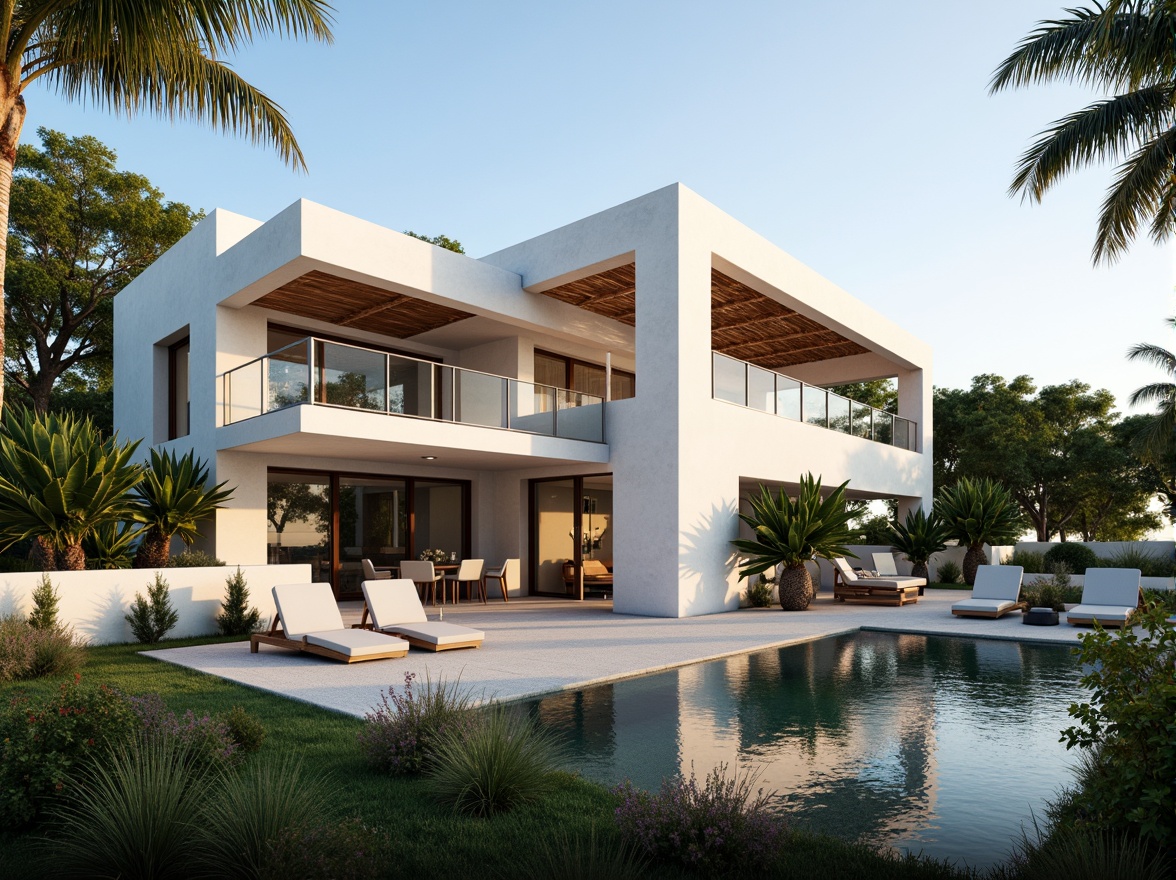 Prompt: Luxurious villa, modernist facade, clean lines, minimal ornamentation, large windows, sliding glass doors, white stucco walls, flat roofs, cantilevered balconies, steel railings, lush greenery, tropical plants, palm trees, sunny day, soft warm lighting, shallow depth of field, 3/4 composition, panoramic view, realistic textures, ambient occlusion.