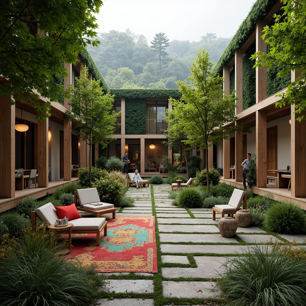 Prompt: Vibrant hostel courtyard, lush green walls, natural stone pathways, wooden benches, eclectic furniture, colorful textiles, modern minimalist architecture, large windows, sliding glass doors, abundant natural light, warm cozy atmosphere, shallow depth of field, 3/4 composition, panoramic view, realistic textures, ambient occlusion, surrounding mountainous landscape, serene forest views, misty morning, soft warm lighting.