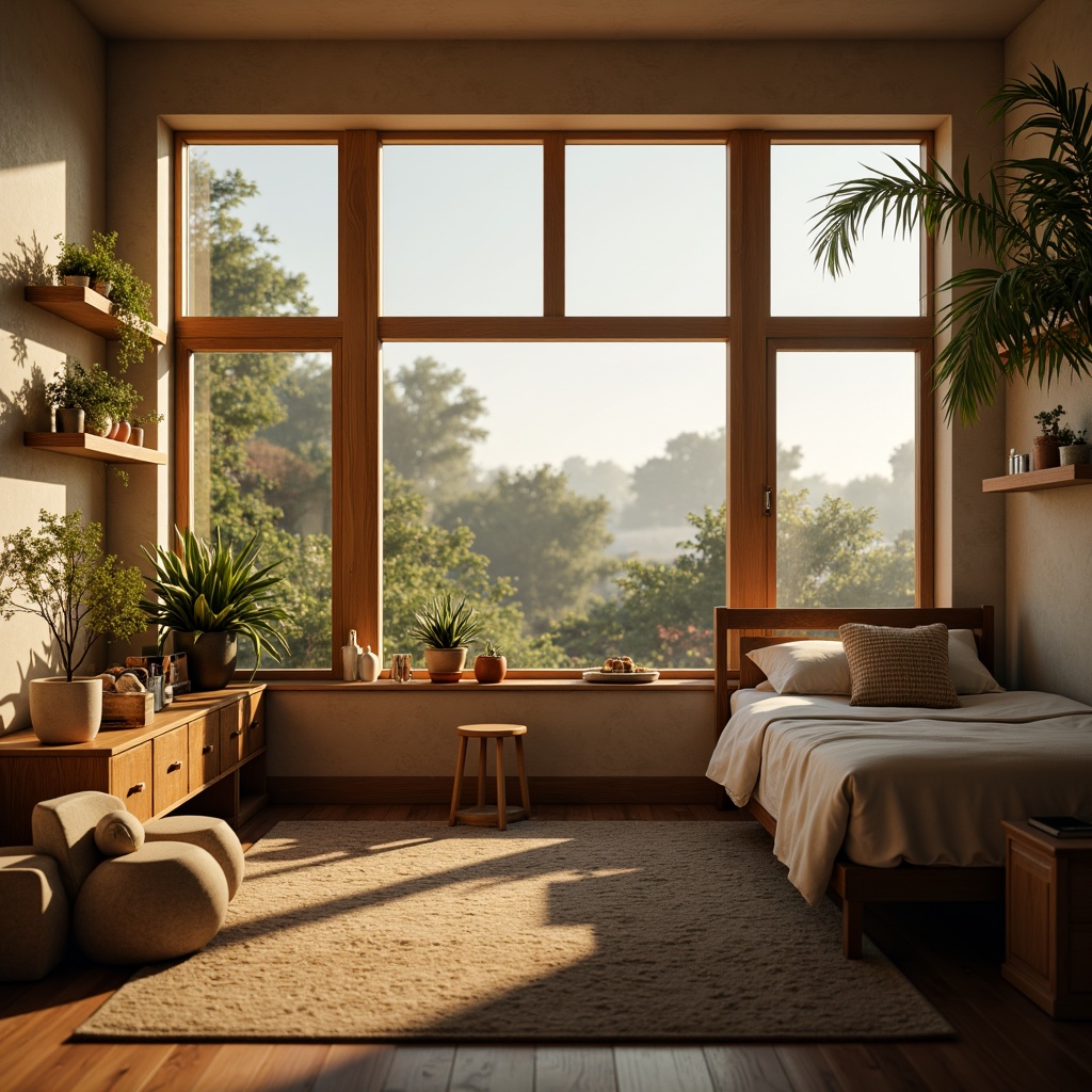 Prompt: Cozy dorm room, large windows, soft natural light, warm beige walls, comfortable bedding, wooden furniture, plants on shelves, calm atmosphere, morning sunlight, gentle shadows, 1/1 composition, shallow depth of field, realistic textures, ambient occlusion.