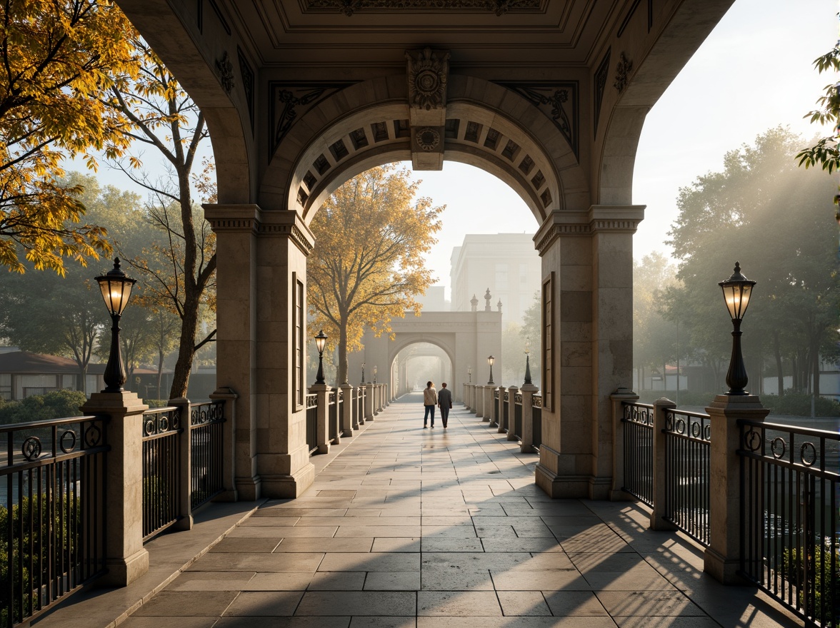 Prompt: Elegant pedestrian bridge, ornate iron railings, classicism-inspired arches, refined stone pillars, intricate carvings, ornamental lanterns, soft warm lighting, misty morning atmosphere, serene river views, lush greenery surroundings, natural stone walkways, decorative metalwork, subtle golden accents, symmetrical composition, shallow depth of field, 3/4 perspective, realistic textures, ambient occlusion.