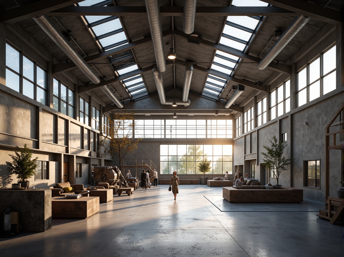 Prompt: Industrial factory setting, minimalist aesthetic, exposed ductwork, polished concrete floors, steel beams, large windows, clerestory windows, skylights, transparent roofs, natural light pouring in, soft warm glow, subtle shadows, industrial chic decor, reclaimed wood accents, metal machinery, functional simplicity, open floor plan, airy atmosphere, diffused lighting, 1/1 composition, realistic textures, ambient occlusion.