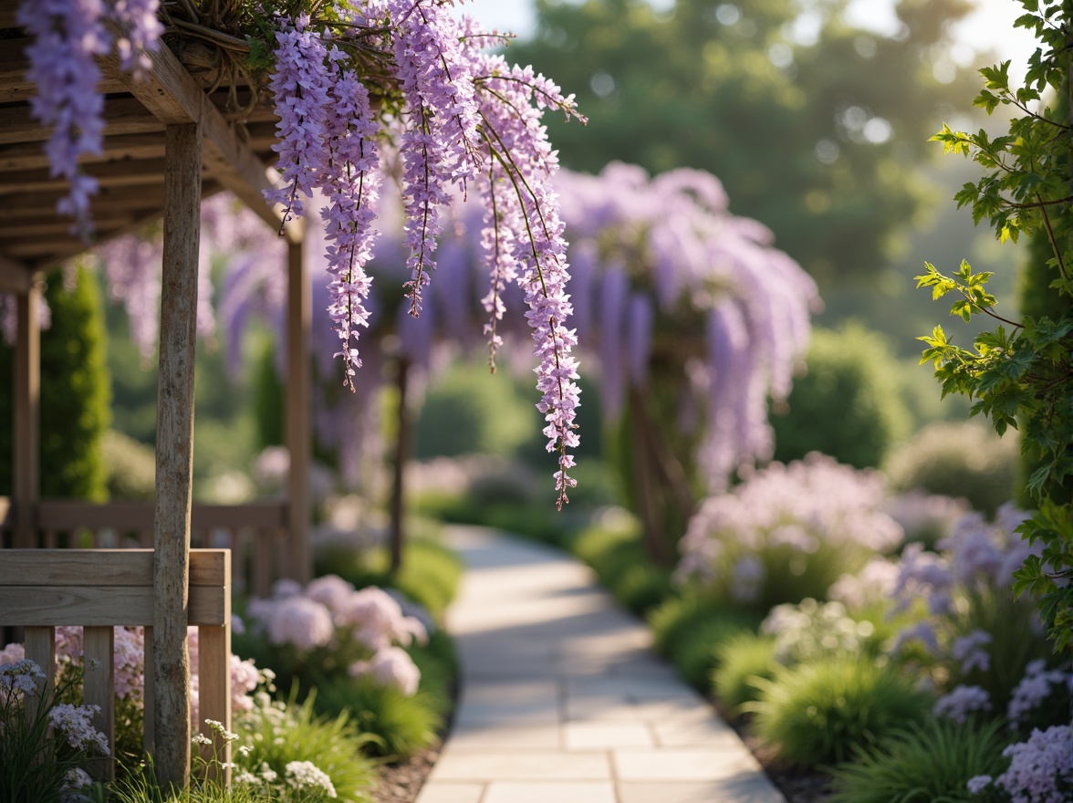 Prompt: Pastel purple flowers, delicate tendrils, soft lavender hues, gentle peach tones, creamy whites, warm beige accents, lush green foliage, whimsical garden scenes, romantic arbors, ornate ironwork, vintage distressed wood, natural stone pathways, dreamy afternoon light, shallow depth of field, 1/1 composition, intimate close-ups, realistic textures, ambient occlusion.