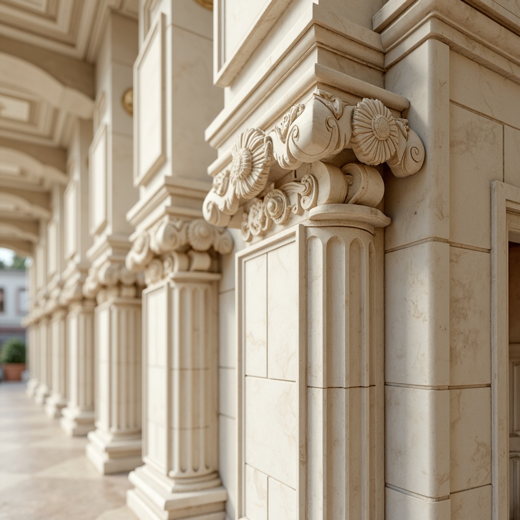 Prompt: Elegant column capitals, ornate carvings, fluted shafts, Corinthian orders, ancient Greek inspirations, creamy white marble, polished stone surfaces, intricate moldings, symmetrical compositions, grandiose proportions, soft warm lighting, shallow depth of field, 3/4 composition, realistic textures, ambient occlusion.