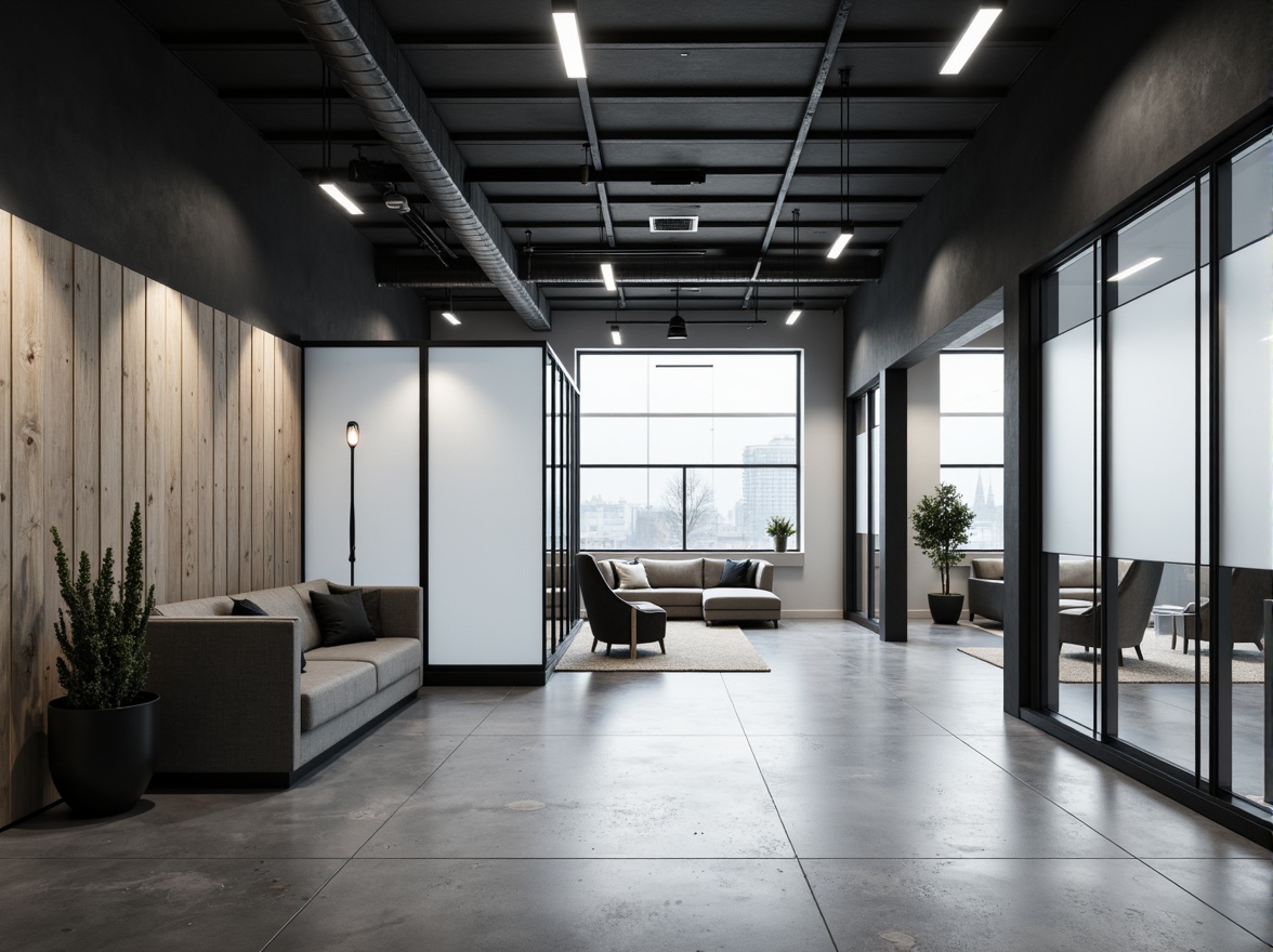 Prompt: Monochromatic interior space, sleek lines, minimal ornamentation, industrial chic aesthetic, polished concrete floors, matte black metal accents, frosted glass partitions, smooth wood surfaces, subtle texture variations, neutral color palette, soft diffused lighting, shallow depth of field, 1/1 composition, realistic reflections, ambient occlusion.