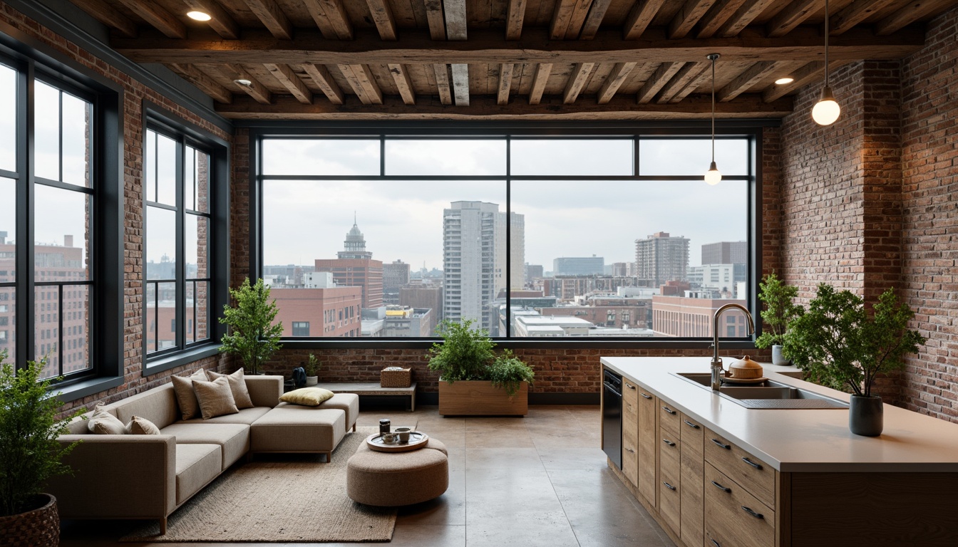 Prompt: Industrial chic loft, high-tech gadgets, reclaimed wood accents, exposed brick walls, metal beams, minimalist decor, energy-efficient lighting, solar panels, green roofs, eco-friendly materials, recycled glass countertops, low-VOC paints, bamboo flooring, natural textiles, urban cityscape views, cloudy day, soft diffused lighting, shallow depth of field, 1/1 composition, realistic textures, ambient occlusion.