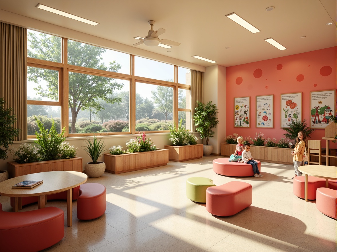 Prompt: Vibrant elementary school, playful color scheme, warm beige walls, soft pastel hues, bright coral accents, creamy white trim, natural wood tones, cheerful polka dots, whimsical illustrations, educational graphics, interactive displays, cozy reading nooks, comfortable seating areas, abundant natural light, large windows, sliding glass doors, lush greenery, blooming flowers, sunny day, gentle warm lighting, shallow depth of field, 3/4 composition, panoramic view, realistic textures, ambient occlusion.