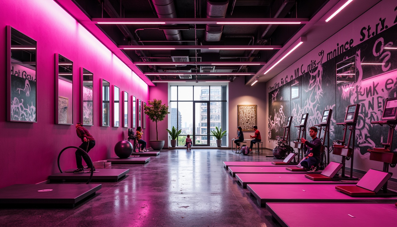 Prompt: Vibrant fuchsia accents, modern fitness equipment, sleek metal frames, rubber flooring, mirrored walls, energetic atmosphere, dynamic lighting, bold color blocking, abstract geometric patterns, motivational quotes, futuristic architecture, minimalist decor, high-ceiling spaces, natural stone features, industrial chic elements, urban cityscape views, early morning sunlight, soft focus blur, 1/1 composition, realistic textures, ambient occlusion.