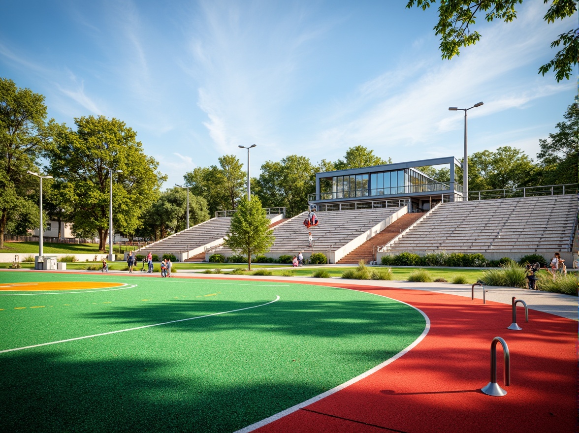 Prompt: Vibrant sports fields, eclectic mix of materials, contrasting textures, artificial turf, natural grass, weathered wood bleachers, metallic goalposts, colorful rubber tracks, bold graphic patterns, dynamic lighting, dramatic shadows, 1/1 composition, low-angle shot, realistic render, ambient occlusion, sunny day, soft warm atmosphere.