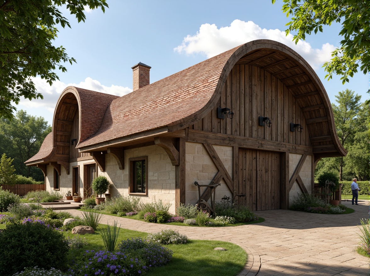 Prompt: Rustic barn, renaissance revival style, curved rooflines, terra cotta tiles, weathered wooden beams, ornate metalwork, vintage farm tools, lush greenery, blooming wildflowers, sunny afternoon, warm soft lighting, shallow depth of field, 1/1 composition, realistic textures, ambient occlusion, natural stone walls, earthy color palette, distressed wood accents, decorative trusses, grand entranceways, symmetrical facade, classic European influences.