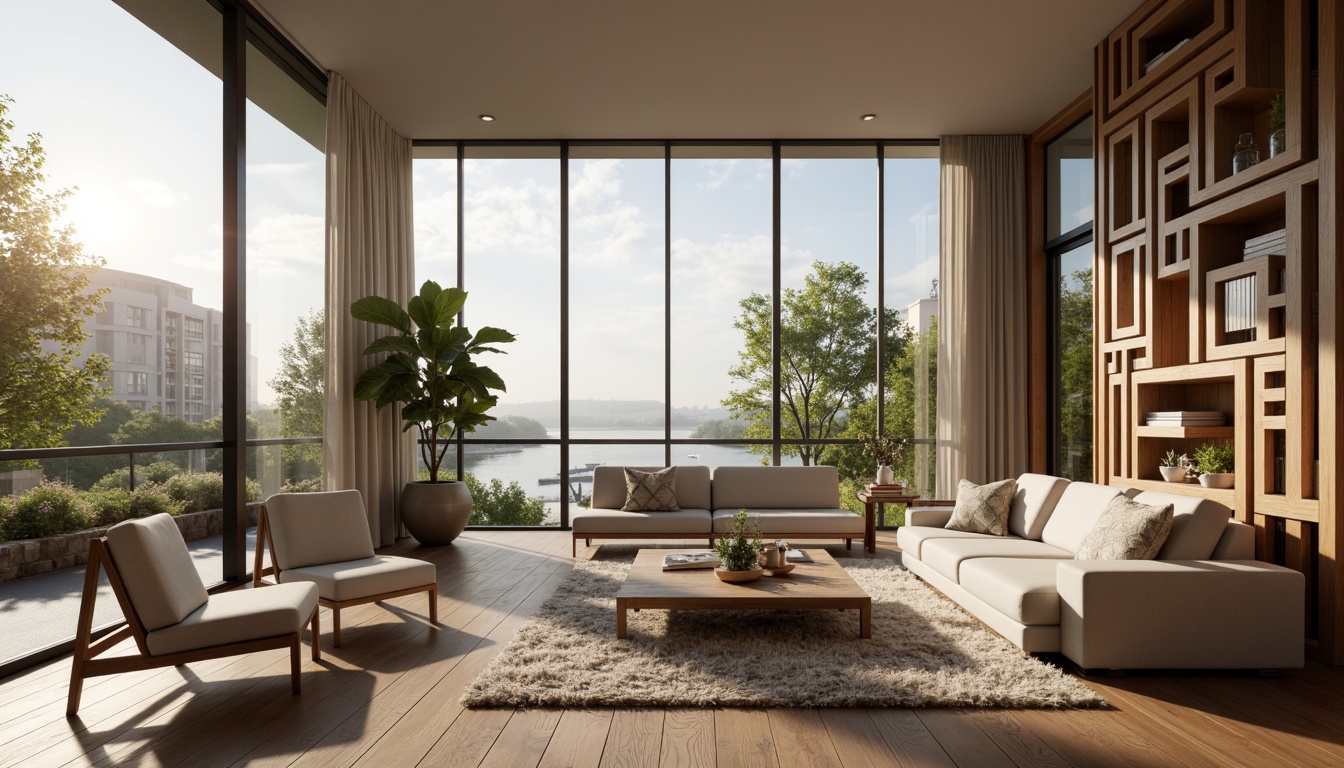 Prompt: Modern living room, sleek minimalist furniture, neutral color palette, natural textiles, wooden accents, floor-to-ceiling windows, abundant natural light, cozy reading nook, plush area rug, geometric patterned wallpaper, ambient warm lighting, 1/1 composition, shallow depth of field, realistic textures, soft focus blur.