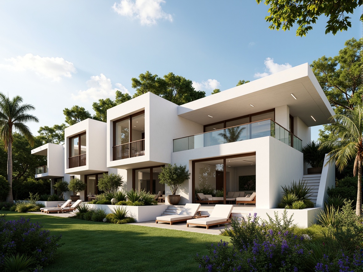 Prompt: Luxurious villa, modernist facade, clean lines, minimal ornamentation, large windows, sliding glass doors, white stucco walls, flat roofs, cantilevered balconies, steel railings, lush greenery, tropical plants, palm trees, sunny day, soft warm lighting, shallow depth of field, 3/4 composition, panoramic view, realistic textures, ambient occlusion.