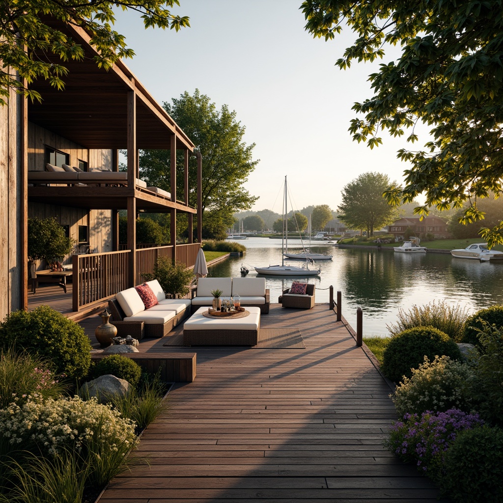 Prompt: Serene waterfront, rustic wooden dock, lush greenery, vibrant flowers, tranquil lake views, sailboats, kayaks, paddleboards, nautical ropes, weathered wood accents, natural stone pathways, lantern-style lighting, warm sunset glow, shallow depth of field, 3/4 composition, panoramic view, realistic textures, ambient occlusion, cozy outdoor seating areas, woven wicker furniture, plush cushions, soft warm lighting, misty morning atmosphere.