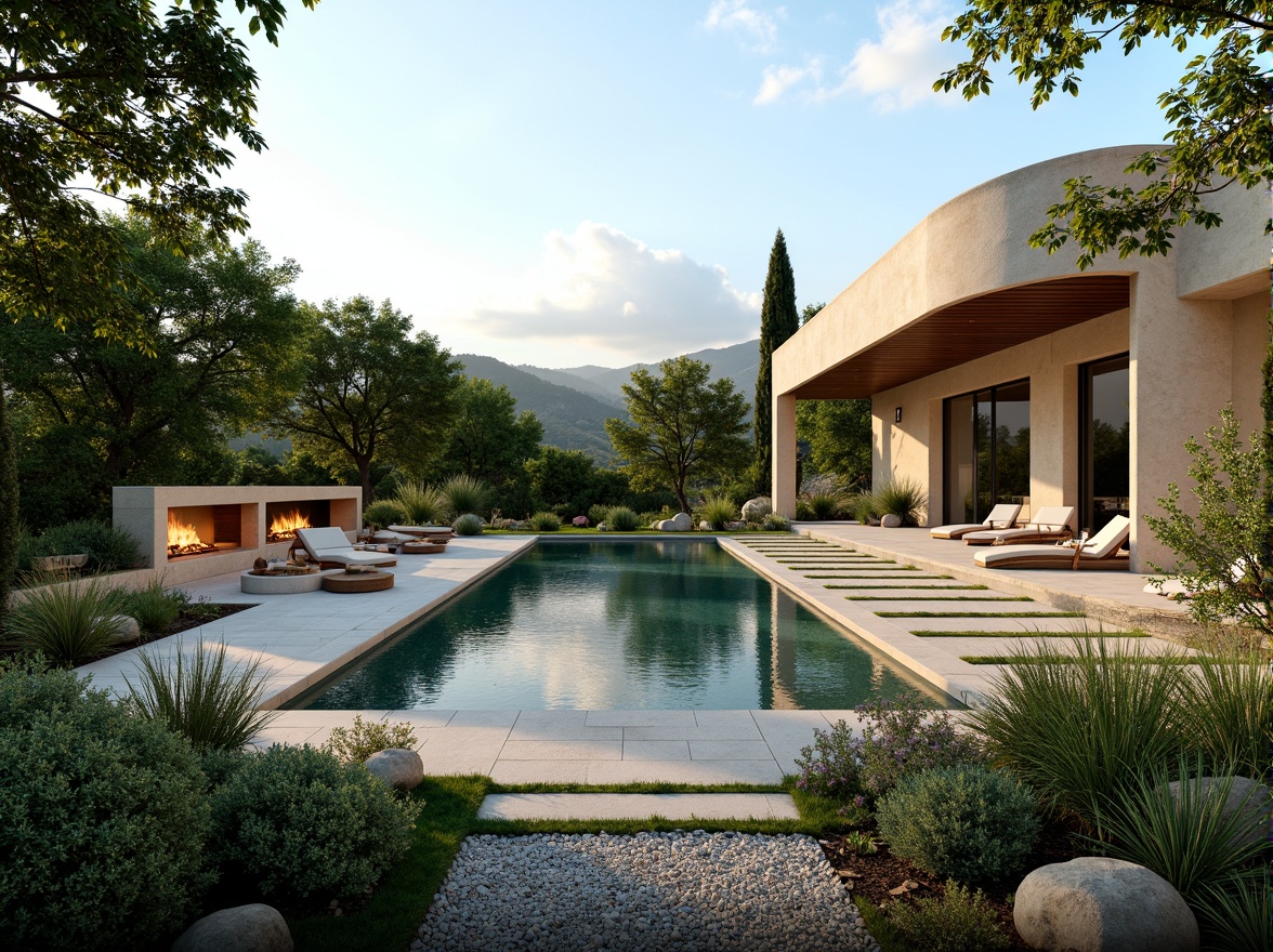 Prompt: Lush greenery, curved lines, minimalist villa, modernist architecture, sleek stone walls, large windows, sliding glass doors, infinity pool, sunken seating area, outdoor fireplace, ambient lighting, warm beige tones, natural textures, Mediterranean plants, olive trees, succulents, gravel pathways, wooden decks, cantilevered roofs, panoramic views, shallow depth of field, 3/4 composition, realistic rendering.