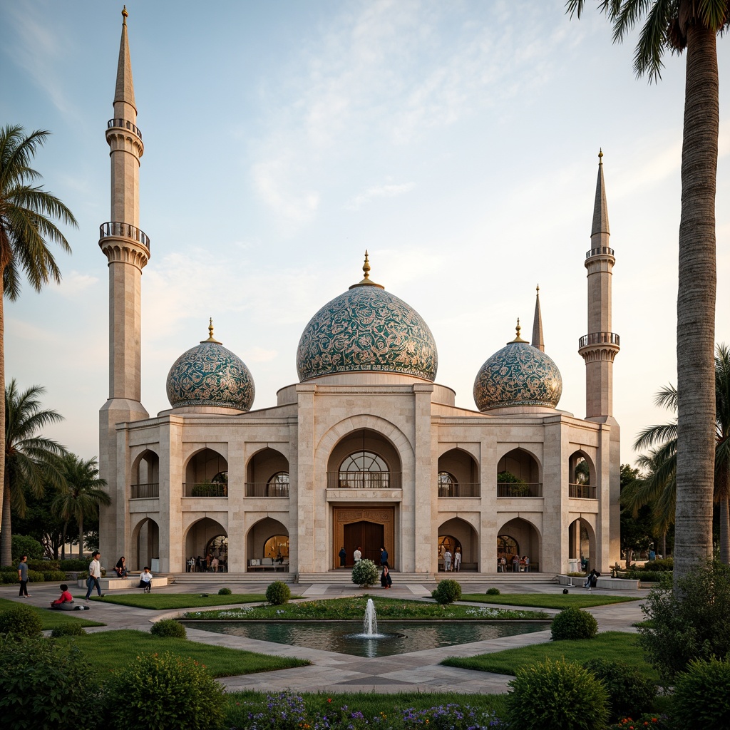 Prompt: Elegant mosque, intricately patterned domes, minarets, Islamic calligraphy, natural stone fa\u00e7ades, lush green courtyards, water features, serene ambiance, soft warm lighting, shallow depth of field, 3/4 composition, panoramic view, realistic textures, ambient occlusion, eco-friendly materials, renewable energy systems, solar panels, wind turbines, rainwater harvesting, green roofs, innovative cooling technologies, shaded outdoor spaces, misting systems, Arabic-inspired geometric motifs, vibrant colorful textiles.