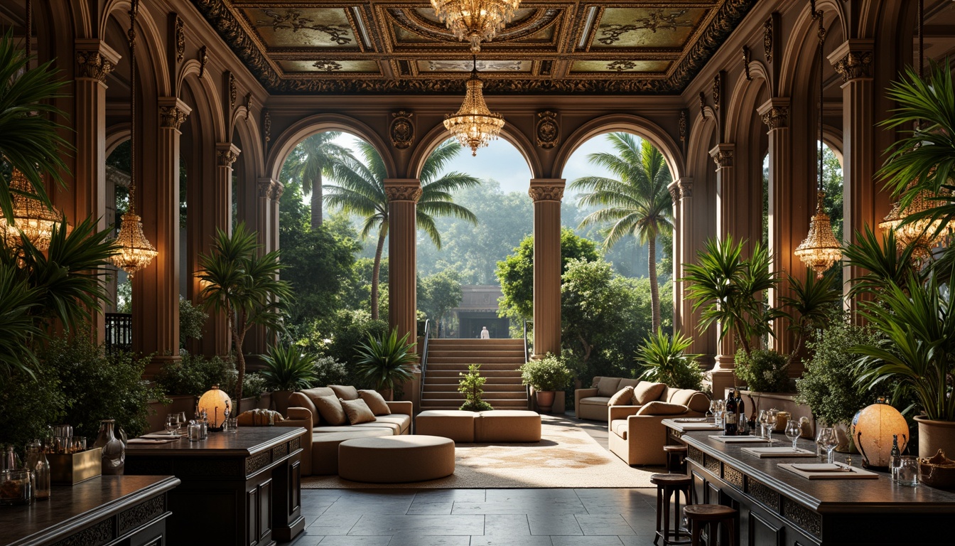 Prompt: Intricate ironwork, lush greenery, ornate chandeliers, grandiose archways, lavish furnishings, velvet drapes, gilded accents, marble countertops, crystal glassware, exotic flowers, tropical plants, misty atmosphere, soft warm lighting, shallow depth of field, 1/1 composition, realistic textures, ambient occlusion, luxurious ambiance, opulent decor, Baroque-inspired patterns, intricate carvings, ornate mirrors, grand staircase.