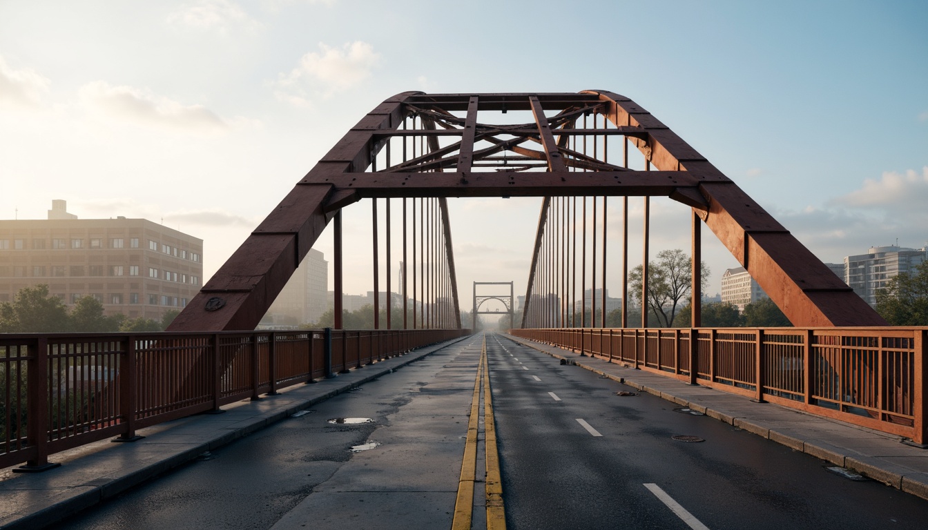 Prompt: Rustic vehicular bridge, steel arches, suspension cables, concrete piers, asphalt roadways, metallic railings, urban cityscape, misty morning fog, soft warm lighting, shallow depth of field, 1/1 composition, realistic textures, ambient occlusion, structural beams, load-bearing columns, reinforced concrete foundations, drainage systems, waterproof coatings, anti-corrosion treatments, safety barriers, pedestrian walkways, scenic overlooks.